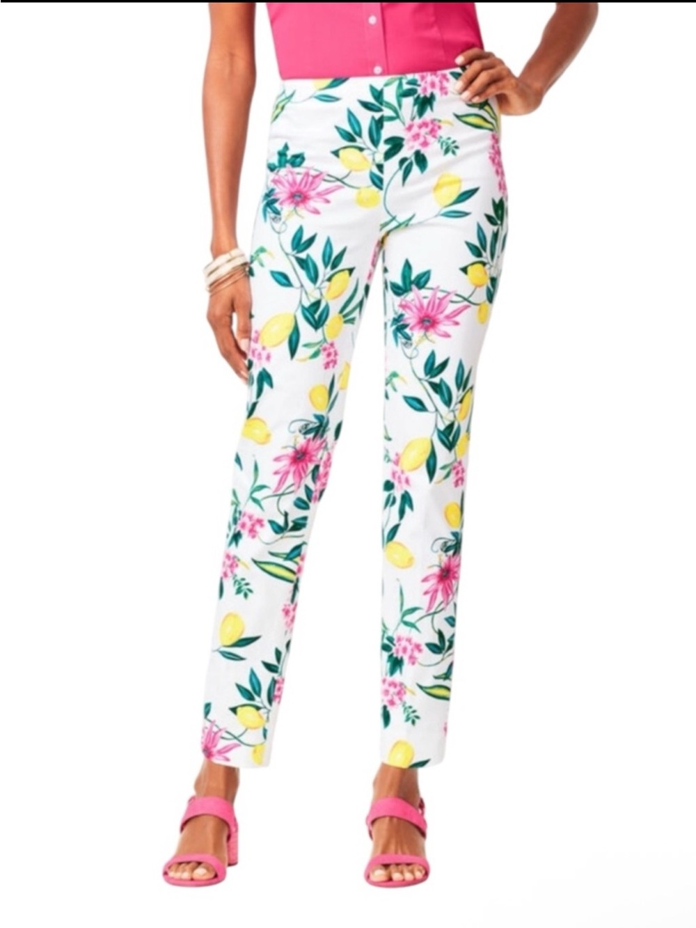 RSVP by TALBOTS White Ankle Pants with Yellow Lemon & Pink Floral Print Size 10 - Picture 11 of 12